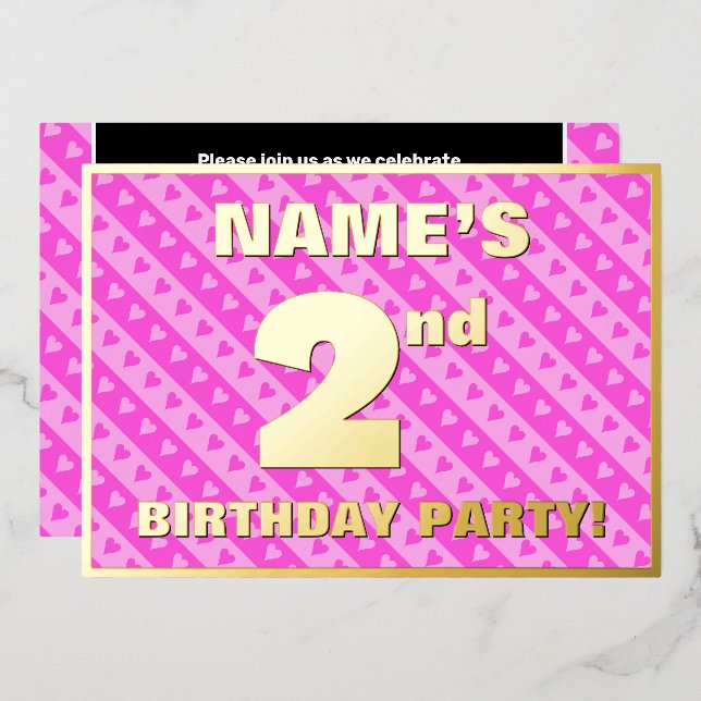 2nd Birthday Party — Fun Pink Hearts and Stripes (Front/Back)