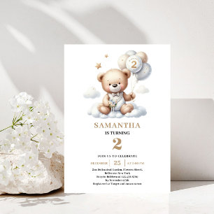 2nd Birthday Party Invite Teddy Bear Gold Theme