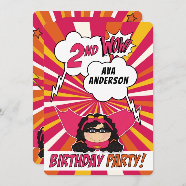 2nd Birthday Party Superhero Pink Comic for Girls Invitation (Front/Back)