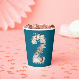 2nd Birthday Photo Collage Blue Yellow Flower Teal Paper Cups