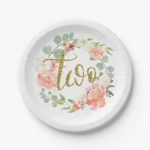2nd Birthday Pink Gold Floral Wreath Paper Plate