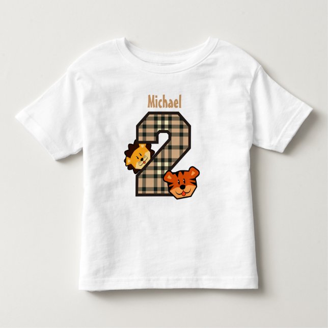 2nd Birthday Pink Plaid Tiger Lion 2 Year Old V3 Toddler T-Shirt (Front)
