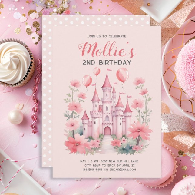 2nd Birthday Pink Princess Castle Balloons Invitation (Pink princess castle little girl's 2nd birthday party invitation)