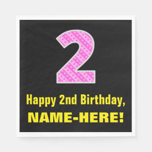 2nd Birthday: Pink Stripes and Hearts "2" + Name Napkin