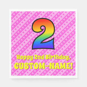 2nd Birthday: Pink Stripes & Hearts, Rainbow # 2 Napkin