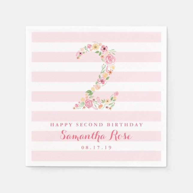 2nd Birthday Pink Stripes & Watercolor Floral TWO Napkin (Front)