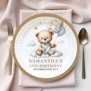 2ND Birthday Plates Gold Teddy Bear Party Theme