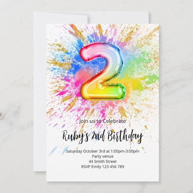 2nd Birthday Rainbow Paint Splash Invitation (Front)