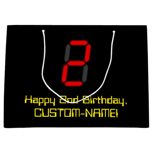 2nd Birthday: Red Digital Clock Style "2" + Name Large Gift Bag (Front)