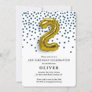 2nd Birthday Royal Blue Confetti and Gold Balloon Invitation