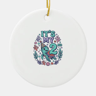 2nd Birthday Sea Turtle Vintage Engraving Design_1 Ceramic Tree Decoration