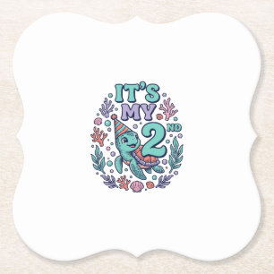 2nd Birthday Sea Turtle Vintage Engraving Design_1 Paper Coaster