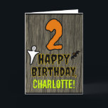 2nd Birthday: Spooky Halloween Theme   Custom Name Card<br><div class="desc">The front of this spooky and scary Hallowe'en birthday themed greeting card design features a large number "2". It also features the message "HAPPY BIRTHDAY, ", and a personalized name. There are also depictions of a bat and a ghost on the front. The inside features an editable birthday greeting message,...</div>