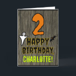 2nd Birthday: Spooky Halloween Theme   Custom Name Card<br><div class="desc">The front of this spooky and scary Hallowe'en birthday themed greeting card design features a large number "2". It also features the message "HAPPY BIRTHDAY, ", and a personalized name. There are also depictions of a bat and a ghost on the front. The inside features an editable birthday greeting message,...</div>