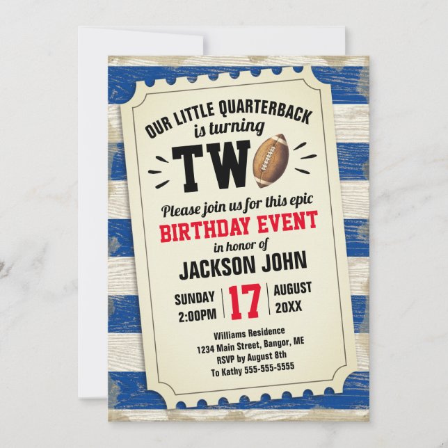 2nd Birthday Sports Football Ticket Rustic Blue Invitation (Front)