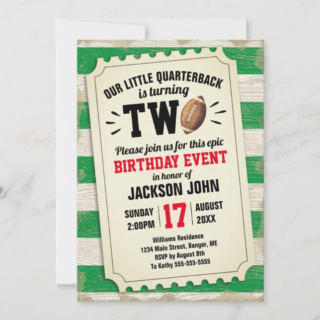 2nd Birthday Sports Football Ticket Rustic Green Invitation (Front)