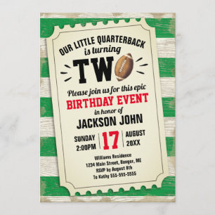 2nd Birthday Sports Football Ticket Rustic Green Invitation