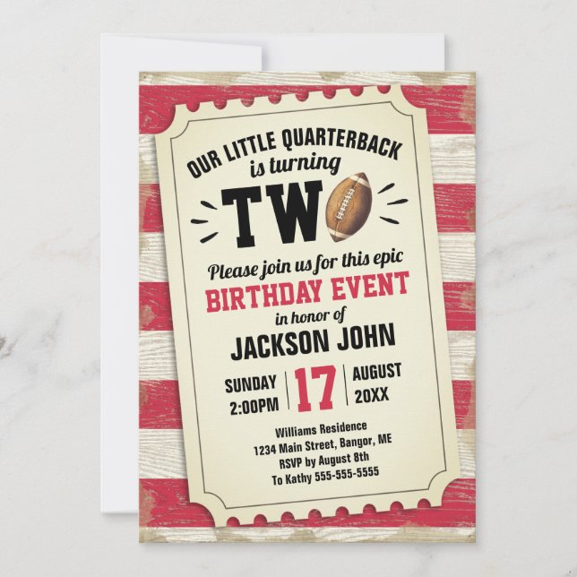 2nd Birthday Sports Football Ticket Rustic Red Invitation (Front)