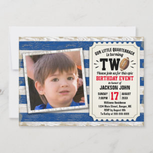 2nd Birthday Sports Photo Football Rustic Blue Invitation