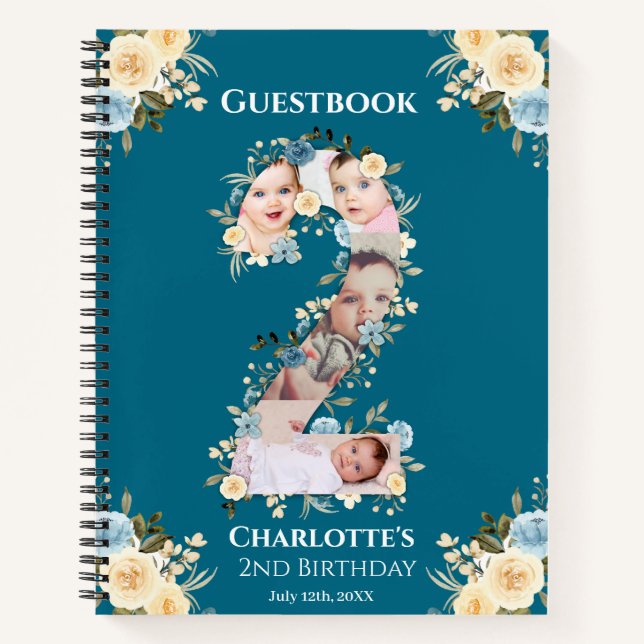 2nd Birthday Teal Photo Flower Yellow Guest Book (Front)