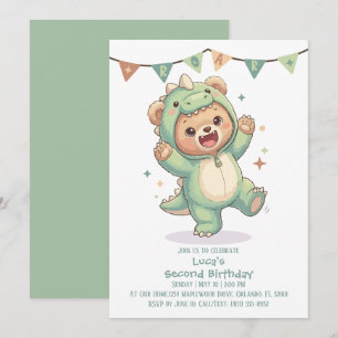 2nd Birthday Teddy Bear Dinosaur Party Invitation