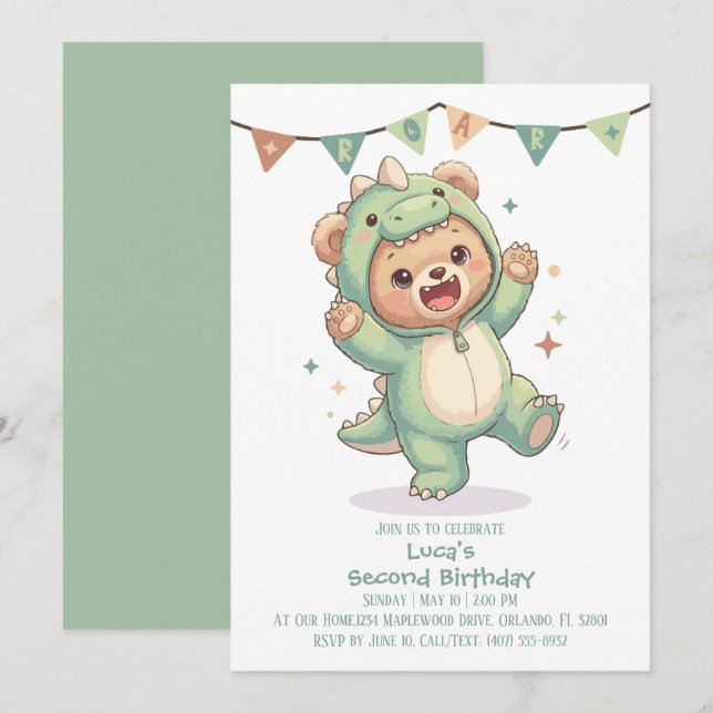 2nd Birthday Teddy Bear Dinosaur Party Invitation (Front/Back)