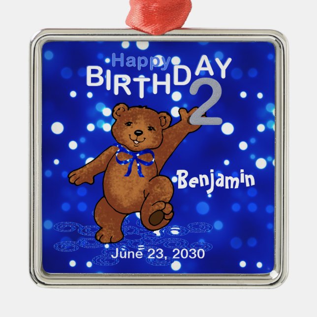 2nd Birthday Teddy Bear Keepsake Metal Tree Decoration (Front)
