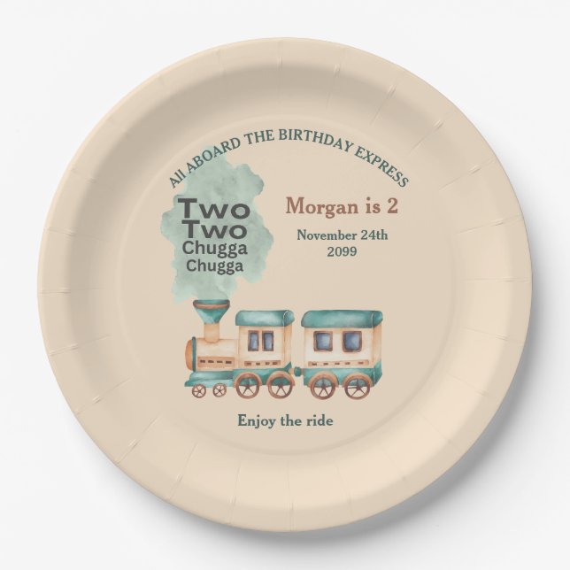 2nd Birthday Train Party All Aboard Watercolor Paper Plate (Front)