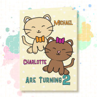 2nd Birthday Twin Boy Girl Cat Cartoon Adorable 