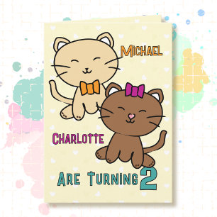 2nd Birthday Twin Boy Girl Cat Cartoon Adorable  Card