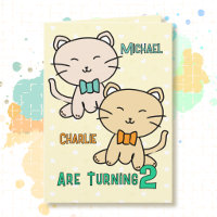 2nd Birthday Twin Boys Cute Cat Cartoon Adorable