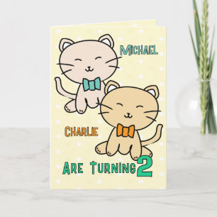 2nd Birthday Twin Boys Cute Cat Cartoon Adorable Card