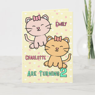 2nd Birthday Twin Girls Cute Cat Cartoon Adorable Card