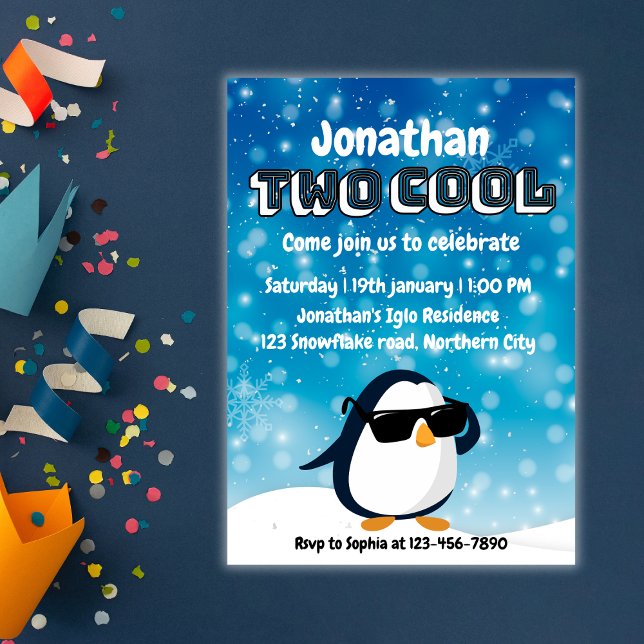 2nd Birthday Two Cool Penguin Boy Invitation (Creator Uploaded)