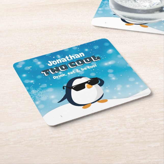 2nd Birthday Two Cool Penguin Boy Square Paper Coaster (Angled)