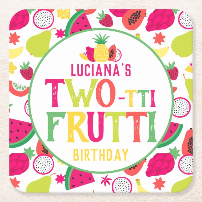 2nd Birthday Two-tti Frutti Fruit Birthday Party Square Paper Coaster (Front)