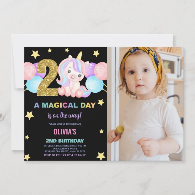 2nd Birthday Unicorn Birthday Invitations photo (Front)