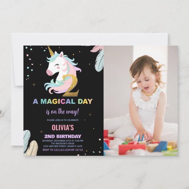 2nd Birthday Unicorn Birthday Invitations w photo (Front)