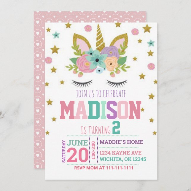 2ND BIRTHDAY UNICORN INVITATION TEMPLATE (Front/Back)