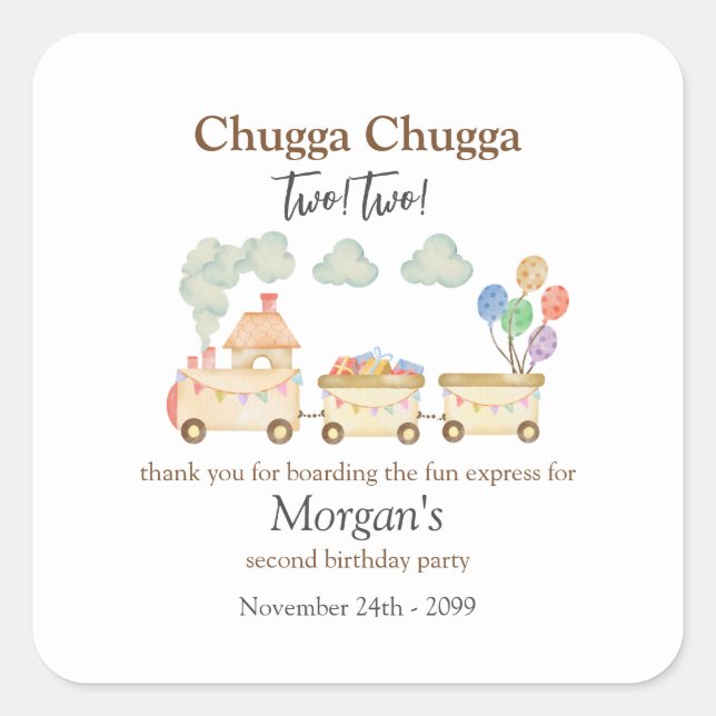 2nd Birthday Watercolor Brown Train Fun Express Square Sticker (Front)