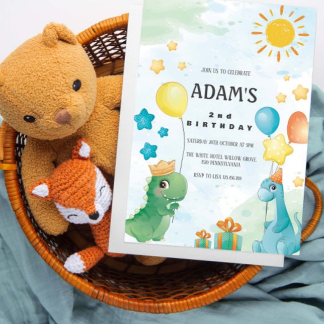 2nd Birthday Watercolor Dinosaurs Theme Invitation (Creator Uploaded)