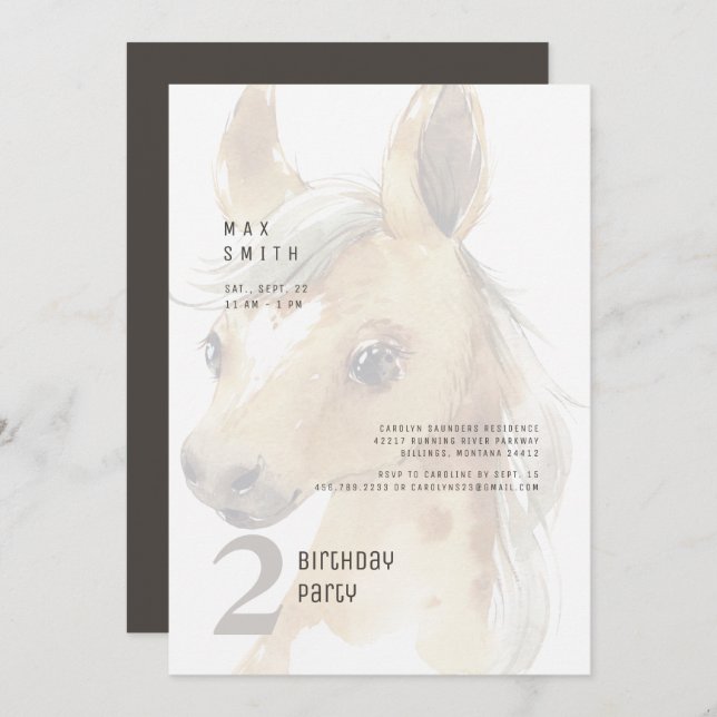 2nd Birthday Watercolor Pony Party Invitation (Front/Back)