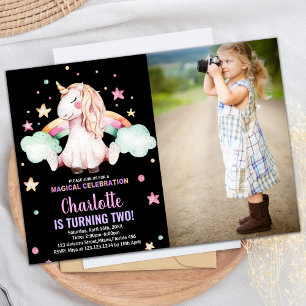 2nd Black Photo Unicorn Birthday Invitations