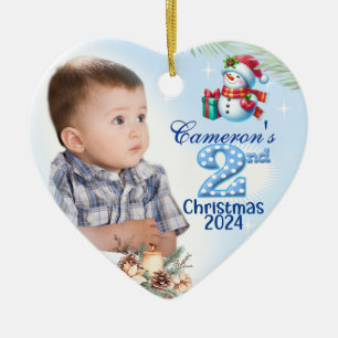 2nd Christmas Personalised Boy's Photo Heart Gift Ceramic Tree Decoration