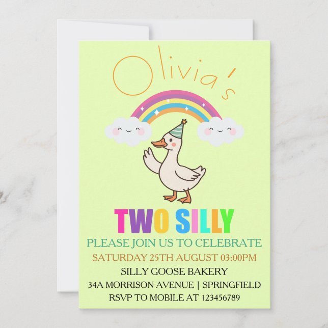 2nd Cute Rainbow Clouds And Silly Goose Birthday  Invitation (Front)