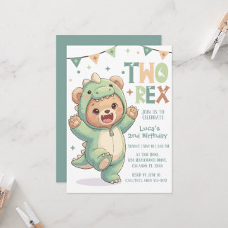 2nd Dino Birthday Party | Cute Teddy Bear Dinosaur Invitation