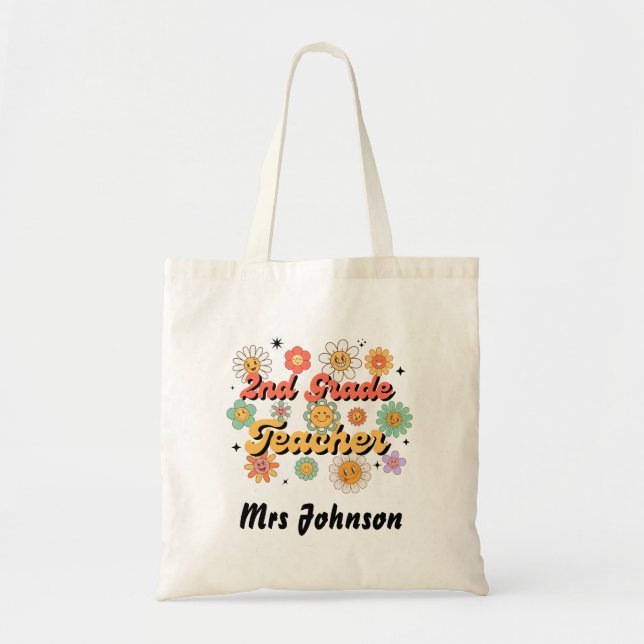2nd Grade Teacher Smiley Flower Tote Bag (Front)