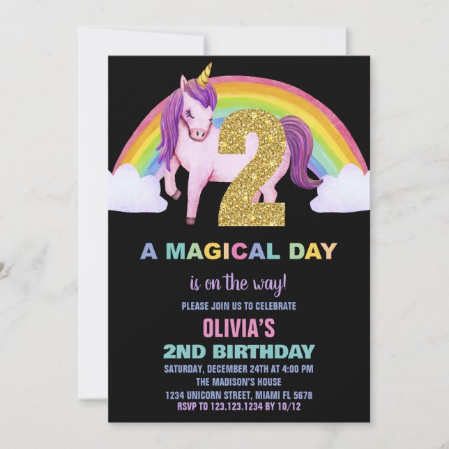 2nd Rainbow Unicorn Birthday Invitations Glitter (Front)