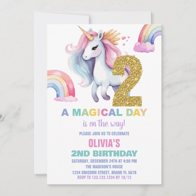 2nd Rainbow Unicorn Birthday Invitations Glitter (Front)