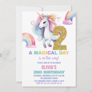 2nd Rainbow Unicorn Birthday Invitations Glitter